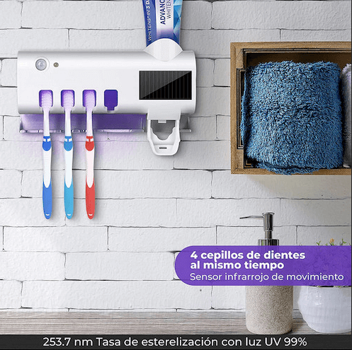 Soporte Inteligente 4 en 1 con Esterilizador UV para Cepillos de Dientes
