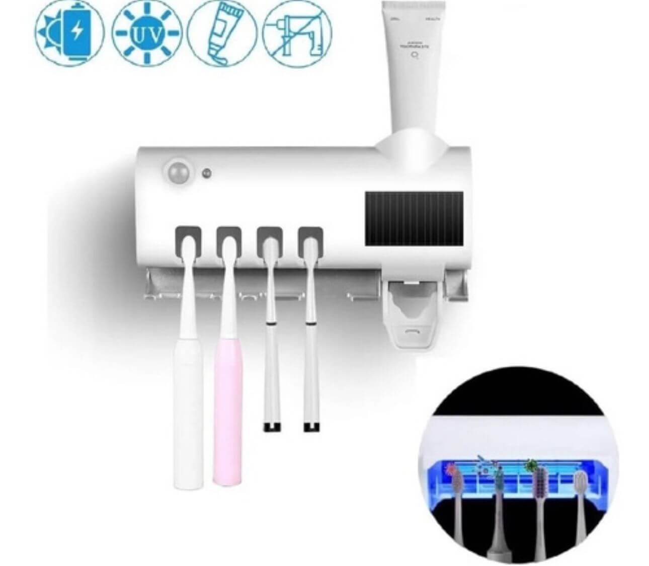 Soporte Inteligente 4 en 1 con Esterilizador UV para Cepillos de Dientes